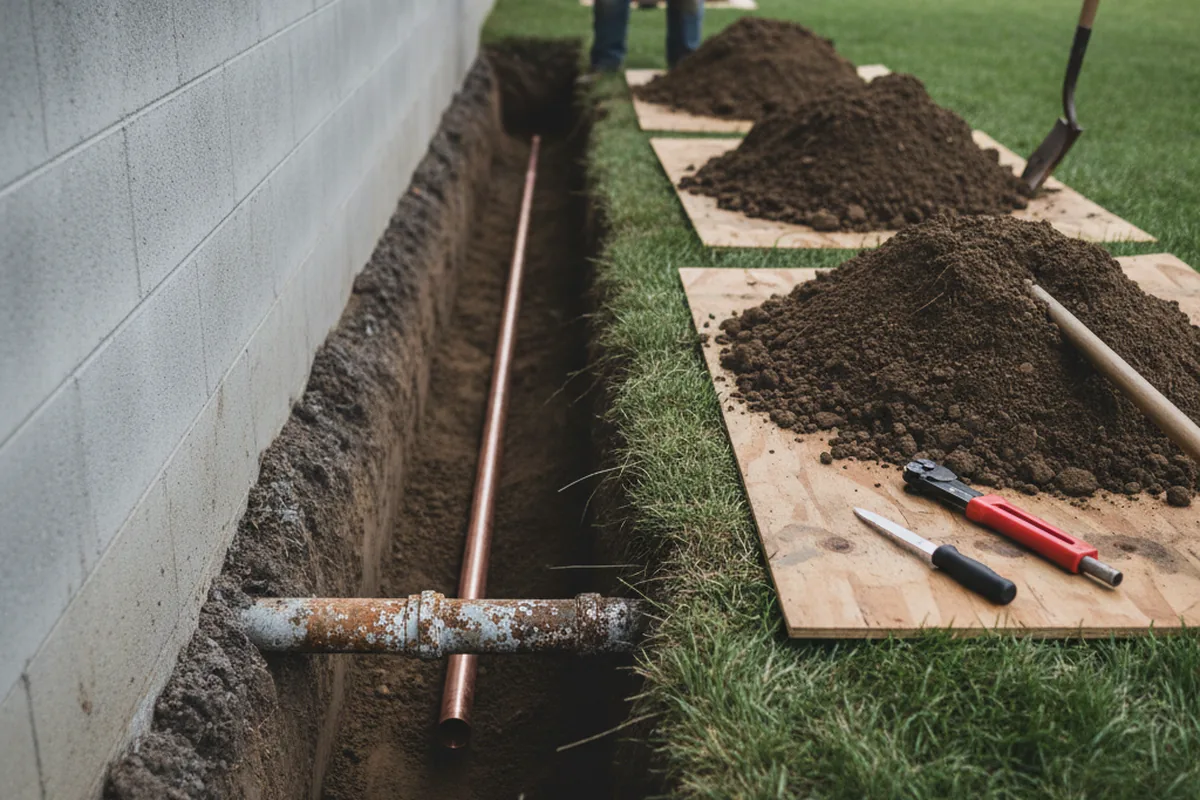 Excavated water line trench during Water Softener Installation in Crittenden